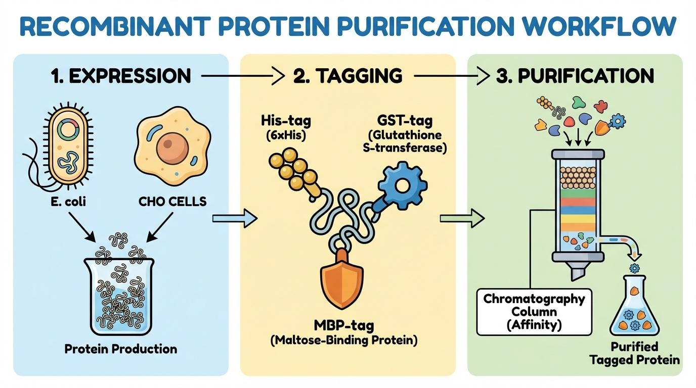 재조합 단백질 생산 및 정제 워크플로우 인포그래픽