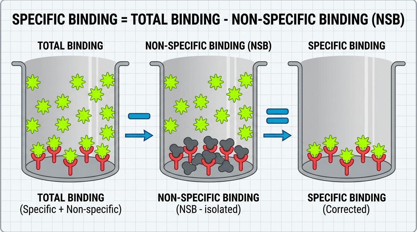 A detailed and professional 2D cartoon infographic diagram illustrating the concept and analysis of a Saturation Binding Assay, featuring a rectangular hyperbola curve with Bmax and KD labels