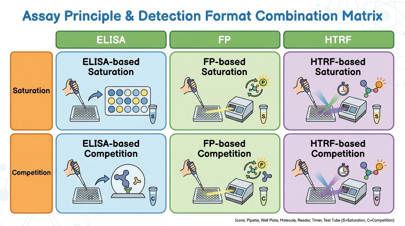 Assay Principle과 Detection Format의 조합 매트릭스를 설명하는 인포그래픽