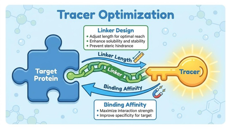 Tracer Optimization infographic showing linkers and binding affinity