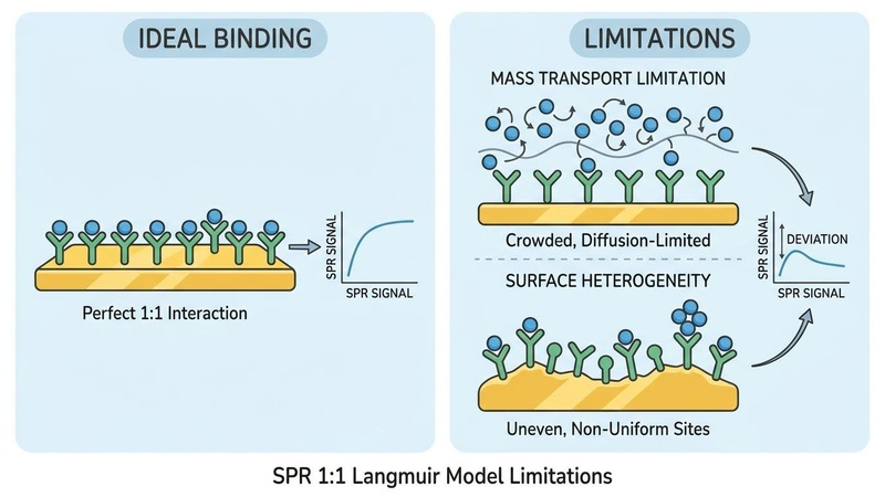 SPR 1:1 Langmuir 모델의 적용 한계와 질량 이동 한계 모식도