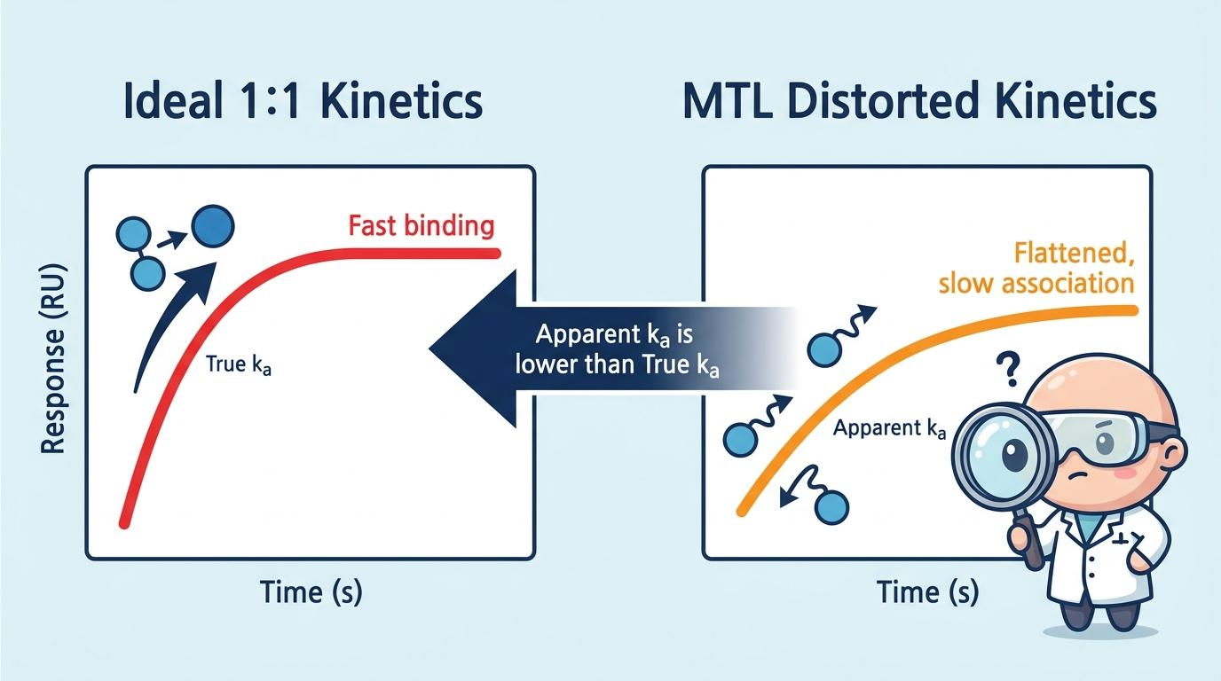 Cartoon scientific comparison showing Ideal 1:1 Kinetics vs MTL Distorted Kinetics