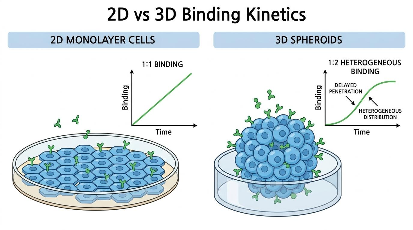 2D monolayer and 3D spheroid binding comparison infographic