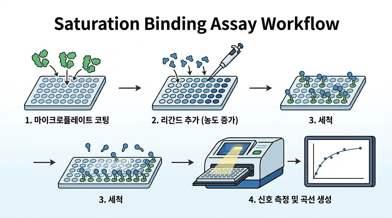 포화 결합 분석(Saturation binding assay) 작업 흐름도 인포그래픽