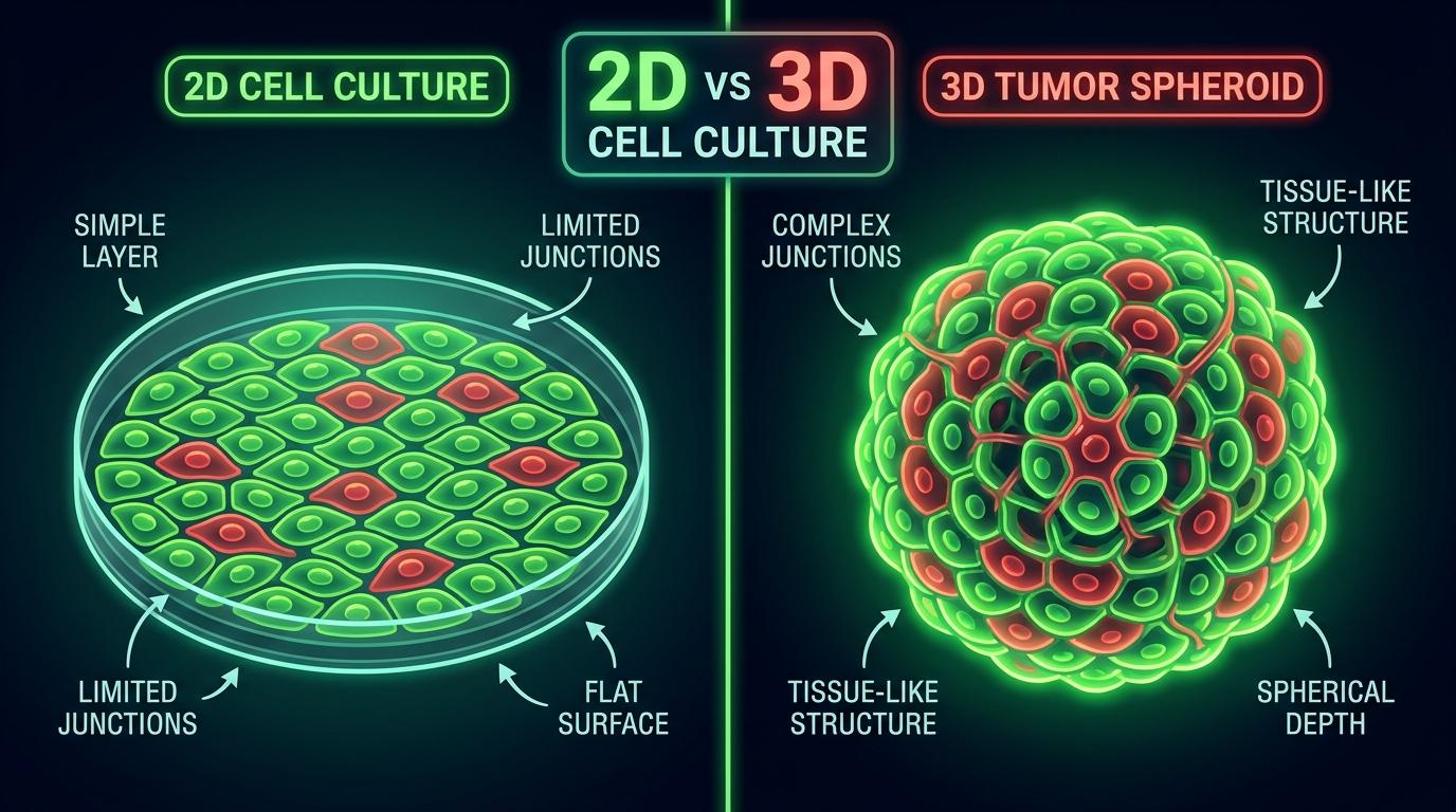 2D 단층 배양과 3D 종양 스페로이드 구조적 차이 비교 형광 현미경 이미지