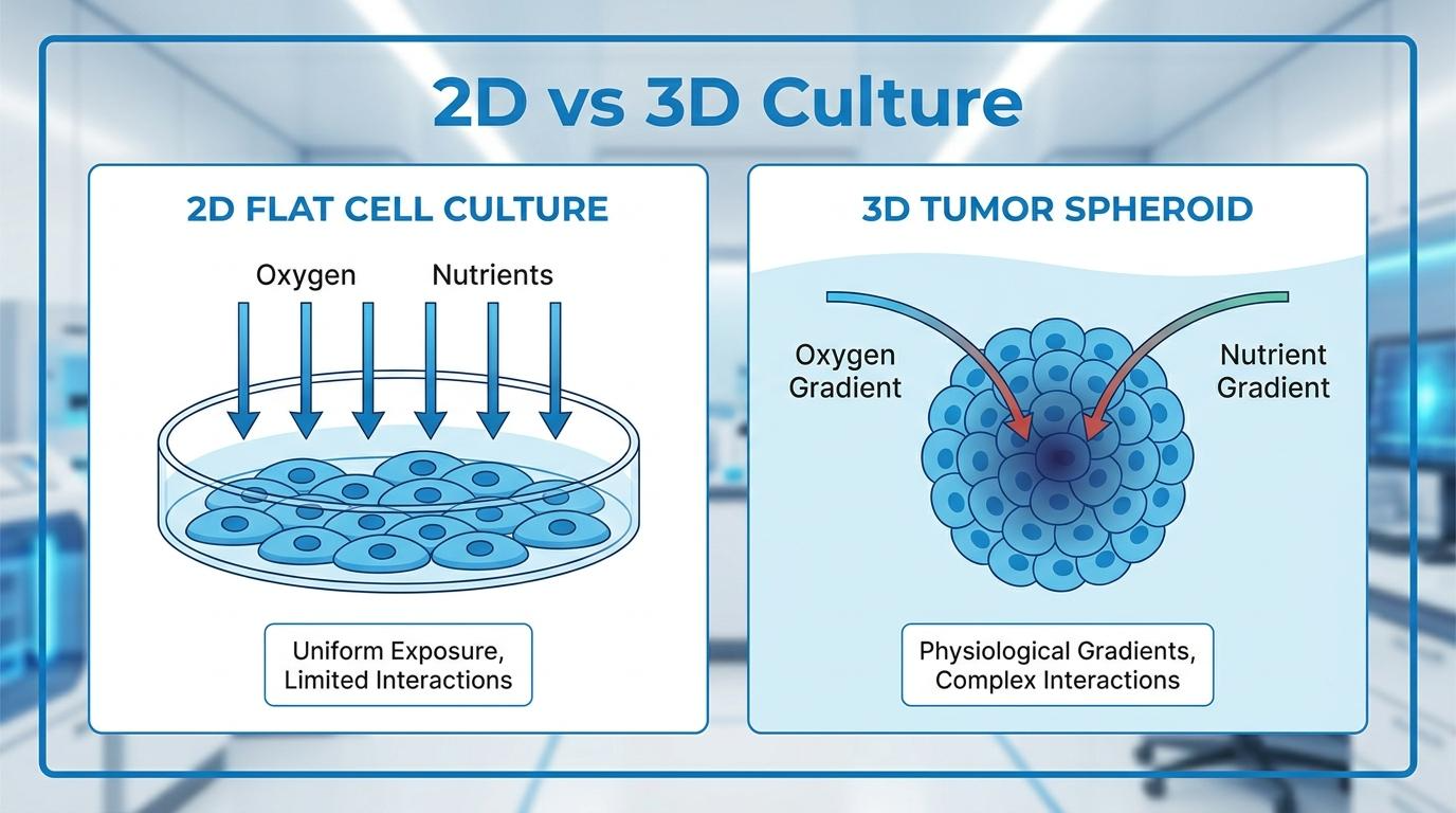 2D 및 3D 종양 스페로이드 모델의 세포 구조 및 약물 침투성 비교