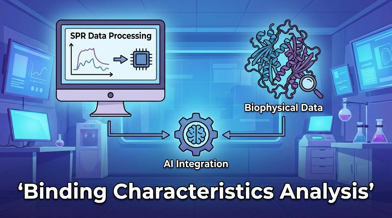 A cartoon-style infographic, 16:9 ratio. A modern bio-laboratory environment. Composition: side-by-side layout showing a traditional SPR machine and AI computer. Text: 'Binding Affinity' and 'AI Analysis'.