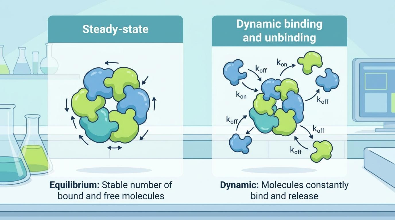 평형 상태(Steady-state)와 동적 결합(kon, koff) 원리를 비교하여 보여주는 교육용 인포그래픽