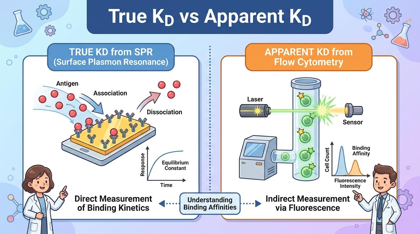 SPR의 True KD와 유세포 분석의 Apparent KD 비교 인포그래픽