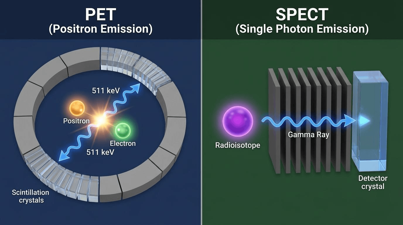 PET의 양전자 소멸과 SPECT의 단일 광자 방출 메커니즘 비교