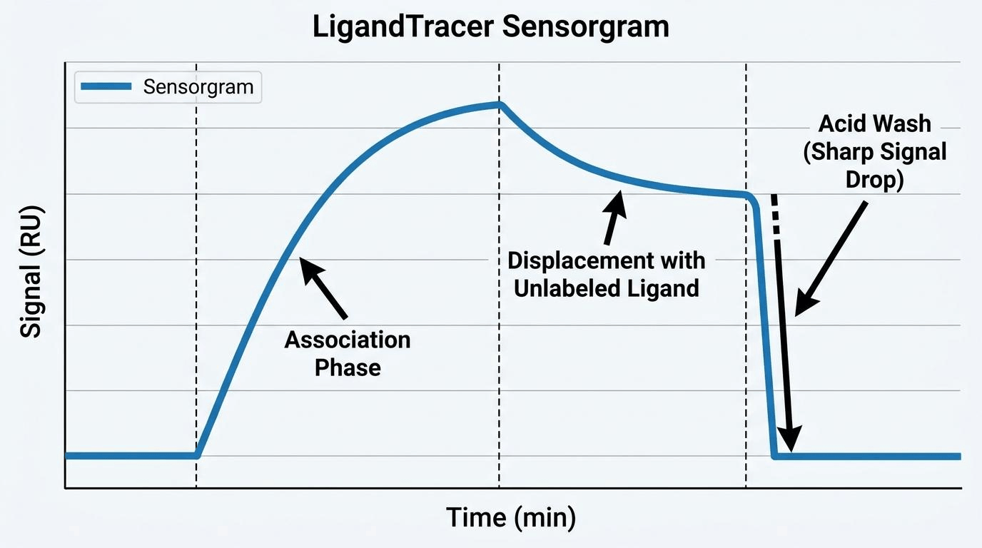 LigandTracer Displacement Assay와 Acid Wash를 이용한 센서그램 분석 예시 이미지