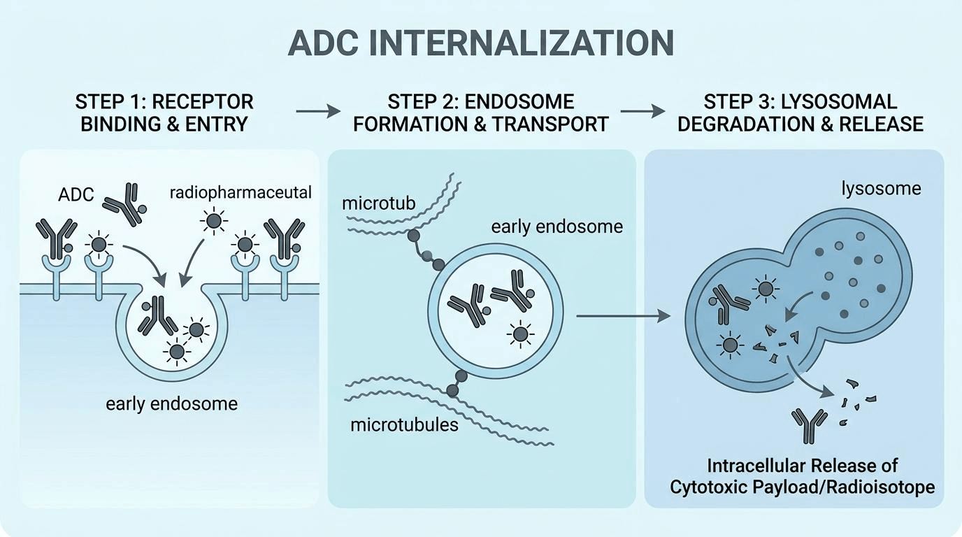 ADC 및 방사성의약품의 세포 내재화 메커니즘 다이어그램