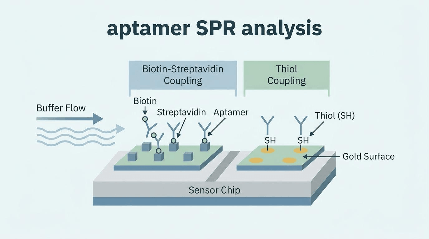Aptamer SPR 분석을 위한 다양한 센서칩 고정 방식과 버퍼 흐름 다이어그램