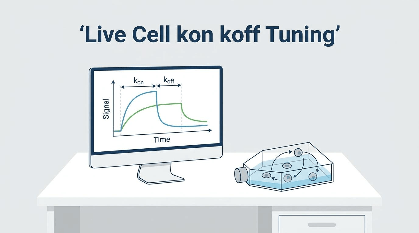 bispecific antibody live cell kon koff 설계 과정을 보여주는 실시간 생세포 동역학 그래프