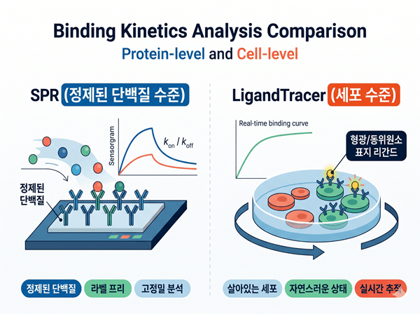 SPR과 LigandTracer 결합 반응속도론 비교 일러스트